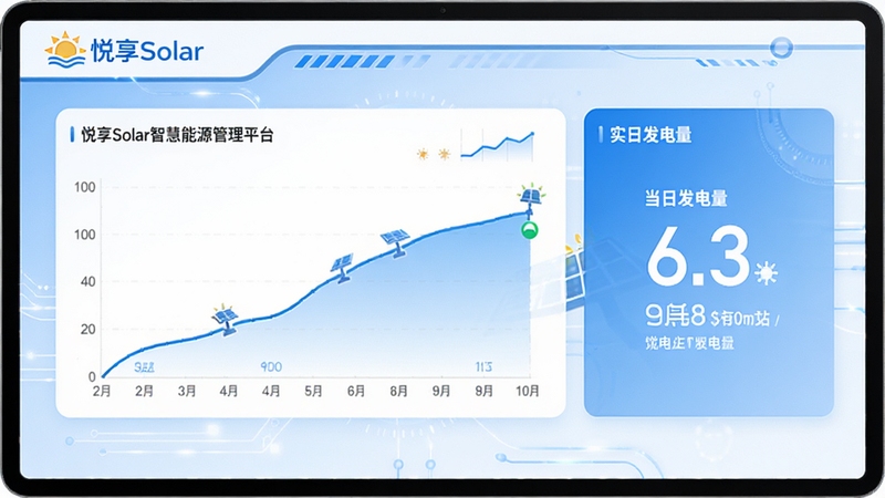 悦享Solar智慧能源管理平台首页数据看板界面,画面中央展示着光伏电站的实时发电曲线和当日发电量数字,背景是简洁的蓝白配色科技风格,左上角有悦享Solar的品牌标识,整体画面明亮清晰,适合作为软件功能展示图