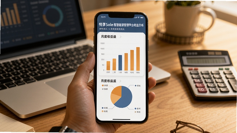 悦享Solar智慧能源管理平台收益分析页面,画面展示手机屏幕上显示着月度收益柱状图和饼状图,背景是办公桌面环境,有笔记本电脑和计算器,整体色调温暖,突出理财与收益管理氛围
