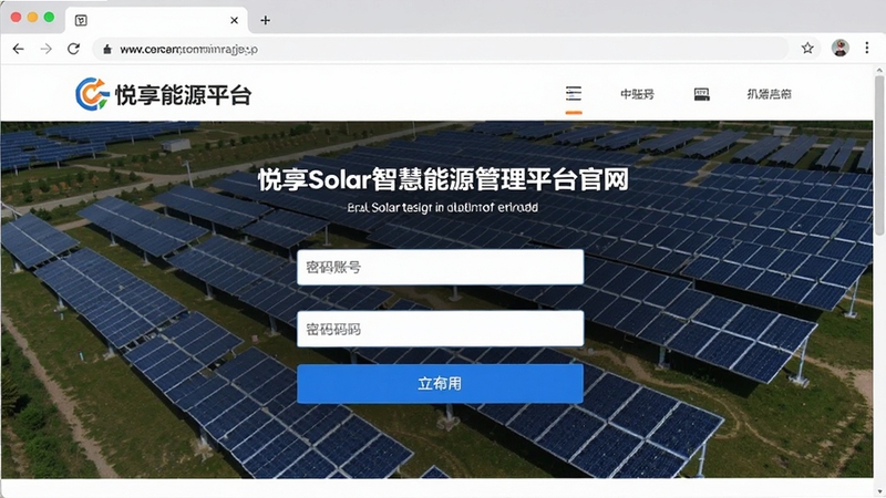 悦享Solar智慧能源管理平台官网登录入口页面截图,画面显示电脑浏览器中打开的登录界面,有账号密码输入框和蓝色登录按钮,背景是光伏电站航拍图,整体风格专业简洁,突出官网登录的便捷性