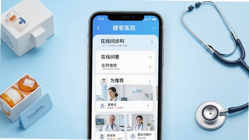 健客医院APP首页界面展示,画面中央为手机屏幕显示在线问诊科室列表与医生推荐卡片,背景为浅蓝色渐变医疗风格,周围点缀药盒与听诊器元素,整体色调清新专业,适配Boogu模型生成