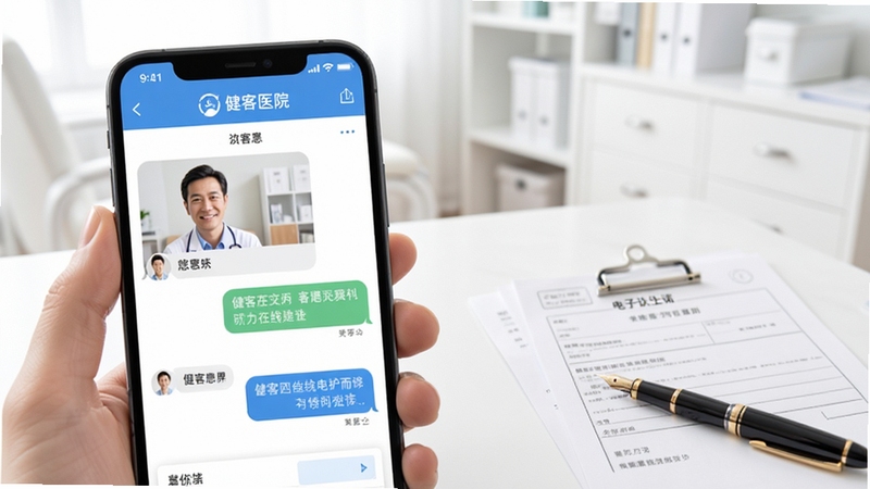 健客医院在线问诊功能界面,画面展示手机屏幕中医患图文对话窗口与电子处方单,背景为白色诊室风格,桌面放置处方笺与钢笔,光线柔和明亮,突出专业医疗服务氛围