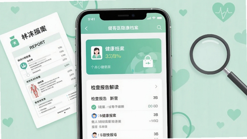 健客医院健康档案界面,画面中央为手机屏幕显示个人健康档案卡片与检查报告解读页面,背景为淡绿色健康主题,点缀体检报告单与放大镜元素,整体风格简洁清晰