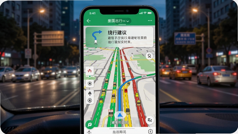��ͼ��������ͨʵʱ·�����棬�ֻ���Ļ��ʾ�������ɵ���ͼ����·����ɫ��ɫ��ɫ����ӵ�³̶ȣ���Ļ�Ϸ��������н�����ʾ�򣬱���Ϊ�����߷���н־���������дʵ���������ֵ�ͼ��������ͨ�ıܶ�����