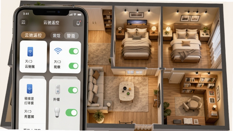 �Ƴ�ң�ض��豸�������棬�ֻ���Ļչʾ��������ǩ���豸��Ƭ��ÿ����Ƭ���豸ͼ��Ϳ���״̬������Ϊ�ִ��ҾӸ���ͼ�����������ҡ��鷿������ȷ��ɫ����ů���Ƴ�ң��APP����Ԫ������
