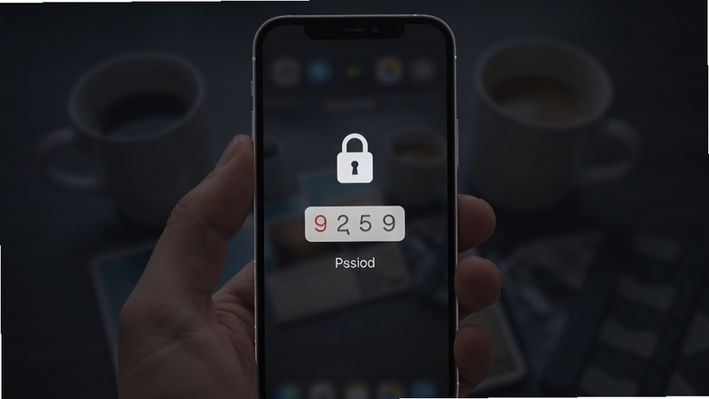 免费相册照片管理软件的私密相册解锁界面,手机屏幕中央显示密码输入框与锁形图标,背景为深色模糊效果,氛围安静私密,画面风格简约,高清渲染画质