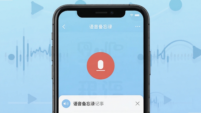 语音备忘录记事 软件主界面 手机屏幕中央展示录音按钮和列表 背景为浅蓝色渐变 简约扁平化风格 高清UI设计图