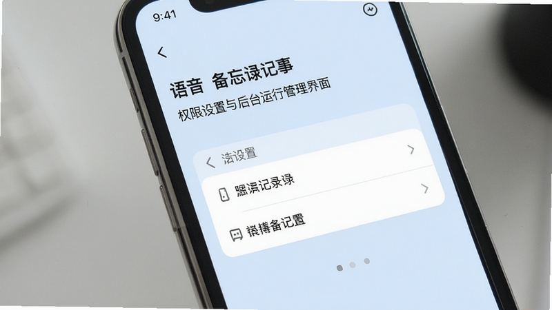 语音备忘录记事 权限设置与后台运行管理界面 手机屏幕展示设置选项 背景为淡蓝色 清新简洁风格 高清示意图