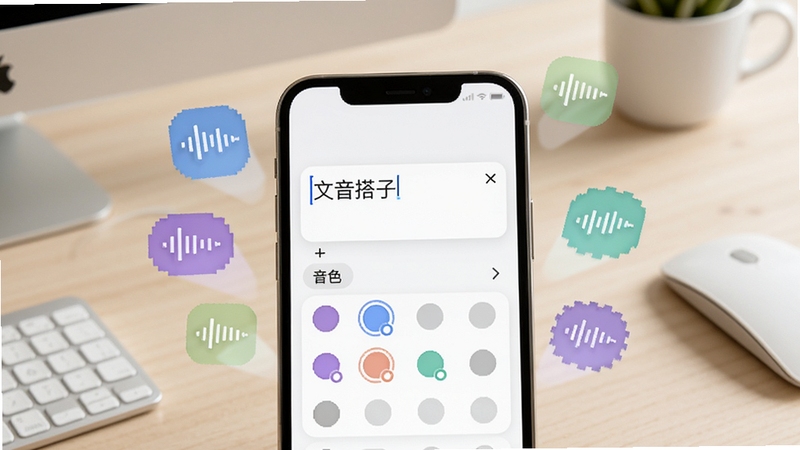 文音搭子软件的文字转语音功能界面,画面主体为手机屏幕中央的文字输入框与音色选择列表,背景区域为浅色系工作台桌面,屏幕上飘浮着多个不同风格的声音波形图标,整体呈现简洁高效的办公氛围