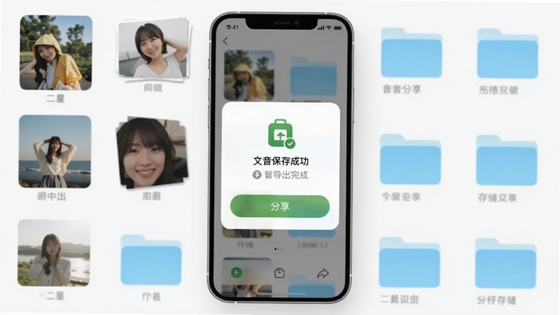 文音搭子软件的音频导出完成界面,画面主体为手机屏幕中央的文件保存成功提示与分享按钮,背景区域为手机相册与文件夹图标环绕的浅色空间,整体传达便捷分享与存储的视觉信息