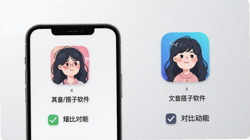 文音搭子软件与其他同类音频工具的功能对比示意图,画面主体为手机屏幕中并排展示两个应用图标与功能标签,背景区域为简洁的浅灰色渐变,图标下方带有勾选与对比标记,整体呈现清晰直观的对比视觉