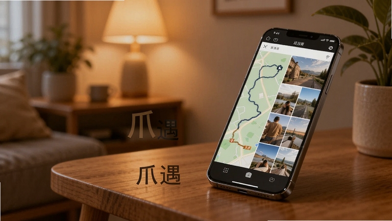 展示爪遇足迹相册融合功能,画面主体为一部手机斜放在木质桌面上,坐标位于画面右侧,手机屏幕显示地图轨迹与照片墙并排排列,背景区域为温暖的室内灯光与绿植点缀,体现生活记录氛围,画面中自然融入“爪遇”字样,适合Boogu模型生成