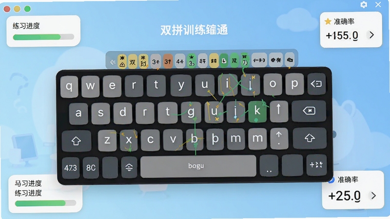 软件主界面展示双拼训练通,画面中央是虚拟键盘与双拼键位映射图,背景为浅蓝色渐变学习场景,四周环绕着练习进度条与准确率数据面板,整体风格简洁明快,适配Boogu模型生成
