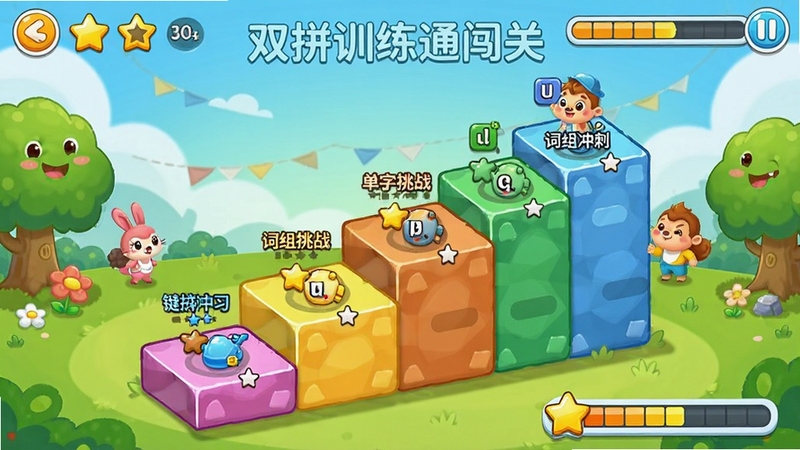 双拼训练通闯关界面截图,画面展示阶梯式关卡地图,每一关标注着键位练习、单字挑战、词组冲刺等标签,背景是卡通风格的学习乐园,色彩活泼明亮,细节包含星星评分与进度条