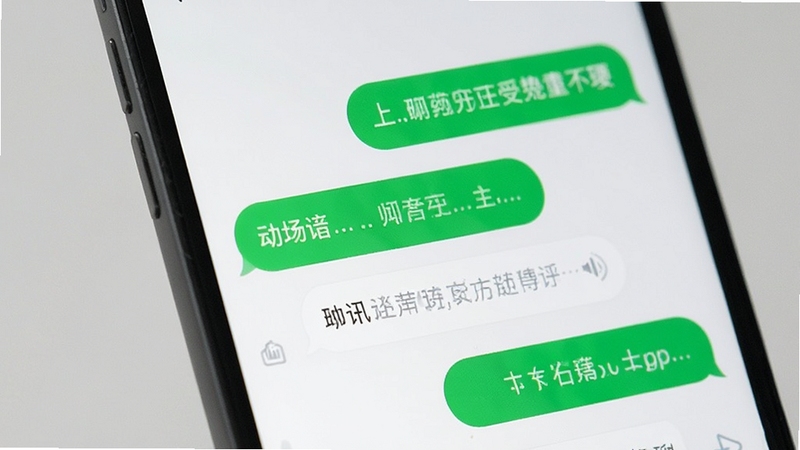 动讯聊天界面特写,手机屏幕显示文字消息气泡与语音消息条,背景为柔和的灰白色调,消息气泡采用绿色与白色区分发送与接收,界面简洁干净,突出即时通讯的流畅感与清晰布局