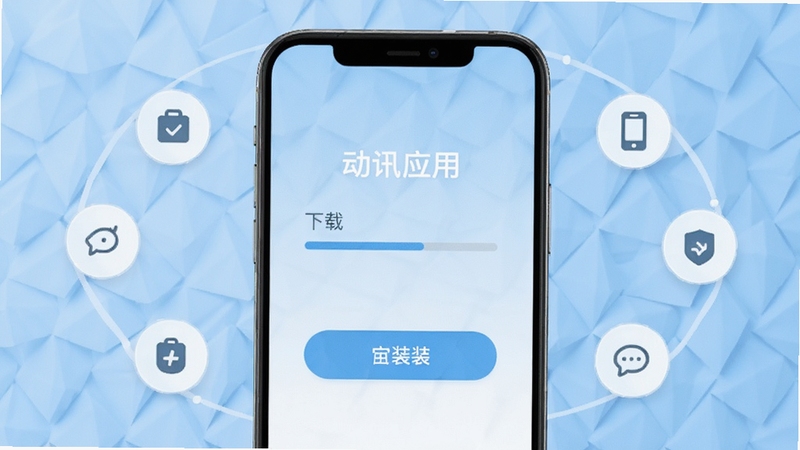 动讯应用安装界面示意,手机屏幕显示下载进度条与安装按钮,背景为淡蓝色几何纹理,周围环绕轻量化的图标元素,突出软件体积小、安装迅速的特点,画面风格简约现代