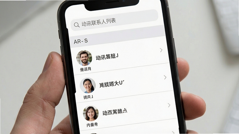动讯联系人列表页面展示,手机屏幕呈现按字母排序的联系人头像与名称,顶部有搜索框,背景为纯白色与浅灰色分割线,整体排版整齐,突出联系人管理的高效与便捷
