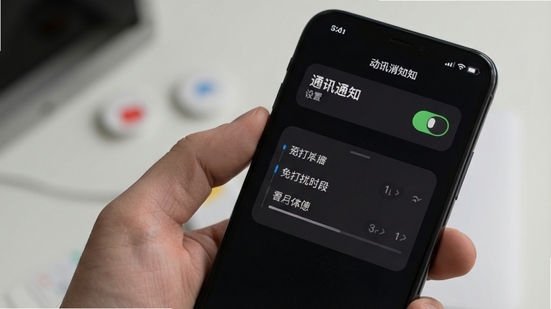 动讯消息通知设置界面,手机屏幕显示通知开关与免打扰时段选项,背景为深色模式界面,图标与文字对比清晰,突出个性化通知管理的灵活性