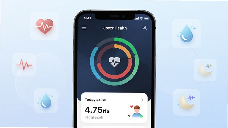 ��������չʾһ�������ֻ�����Ļ����ʾ Joyzr Health Ӧ�õ������棬�����������ݻ���ͼ������ղ�����Ƭ������Ϊ��͵�ǳ��ɫ���䣬��ΧƯ���Ű�͸�������ʡ�ˮ�Ρ������Ƚ���ͼ�꣬�����������ִ����ʺ���Ϊ��������վԤ��ͼ��