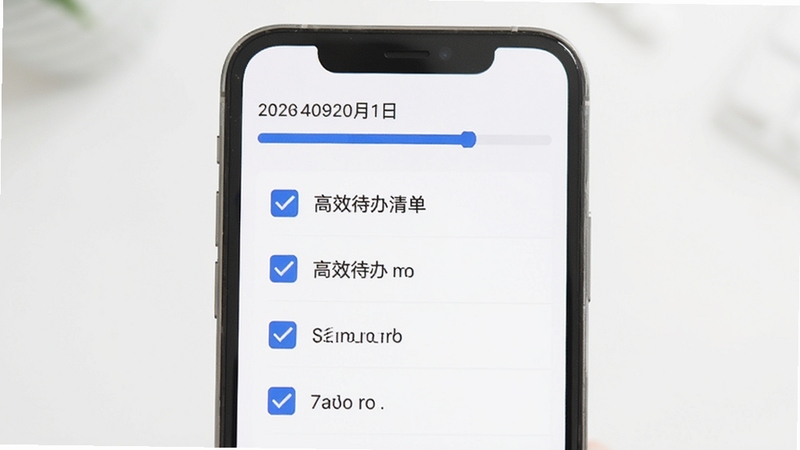 高效待办清单主界面,手机屏幕显示简洁的任务列表,白色背景搭配蓝色勾选框,顶部有日期与进度条,画面明亮清新,扁平化设计风格
