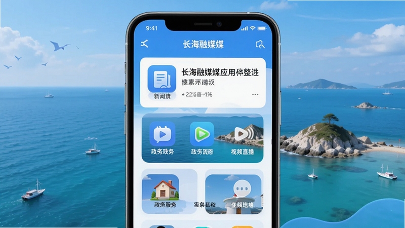长海融媒应用整体界面展示,手机屏幕居中显示,背景为蓝色海洋与海岛元素,画面清爽现代,包含新闻资讯、政务服务、视频直播等模块图标,适配Boogu模型生成,长海融媒核心功能全貌图
