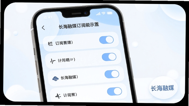 长海融媒个性化订阅设置界面,手机屏幕展示栏目订阅开关列表,界面柔和圆角风格,浅色背景,长海融媒订阅功能示意图