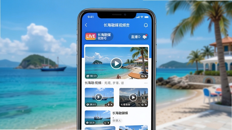 长海融媒视频号页面展示,手机屏幕显示视频列表和直播入口,界面蓝色调,海岛风格背景,长海融媒视频功能预览图