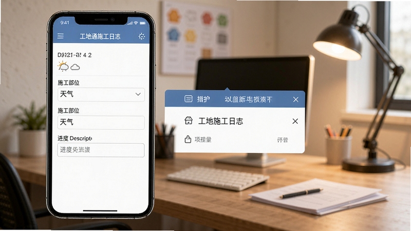 工地通施工日志编辑界面,手机屏幕上显示日期、天气、施工部位和进度描述输入框,旁边有任务指派弹窗,背景为项目部办公桌,柔和室内光线,简洁商务风格