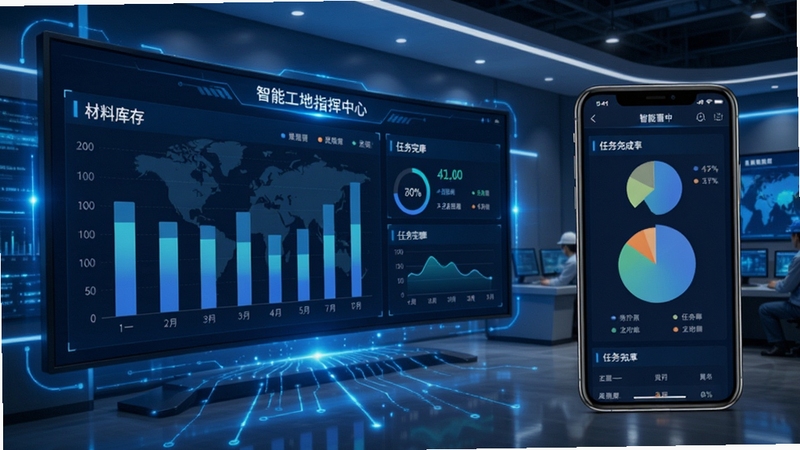 工地通数据看板界面,大屏与手机同步显示材料库存柱状图和任务完成率饼图,背景为智慧工地指挥中心,蓝色科技光效,数据可视化风格