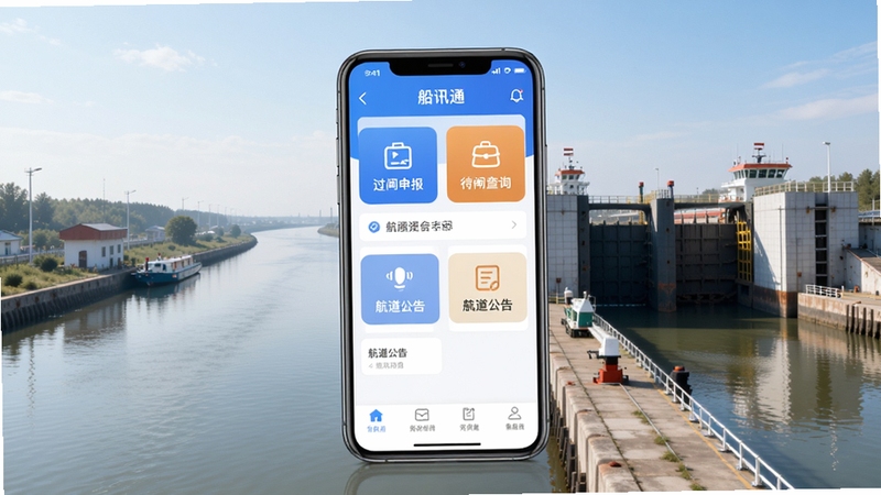 船讯通应用整体界面全貌展示图,画面中央为船讯通手机端主页面,清晰呈现过闸申报、待闸查询、航道公告等核心功能入口,背景为平静的内河航道与现代化船闸实景,画面风格简洁明亮,写实风格,高清细节,适配Boogu模型生成