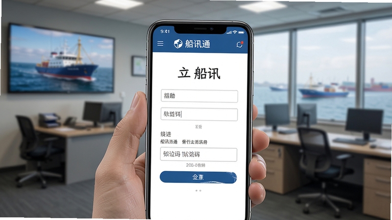 船讯通账号注册与登录界面截图,画面中手机屏幕展示船讯通注册页面与验证码输入框,背景为航运公司办公室场景,画面风格简洁商务,突出操作便捷性,写实风格,高清细节,适配Boogu模型生成