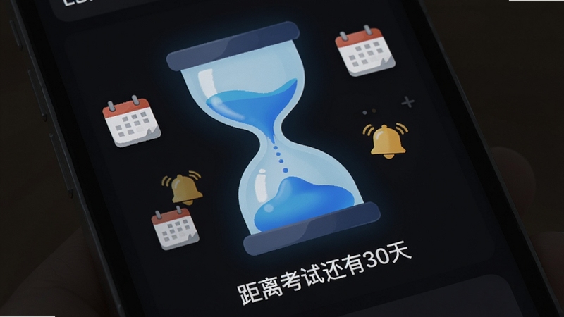 沙漏日历倒计时功能特写,画面主体为手机屏幕特写,屏幕内显示一个正在流动的蓝色沙漏动画,沙漏下方标注着“距离考试还有30天”字样,周围环绕着细小的日历图标与提醒铃铛,背景为深色模式,突出屏幕发光效果,适配Boogu模型生成
