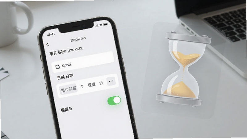 沙漏日历倒计时设置界面操作示意图,画面中一部手机屏幕显示倒计时添加页面,包含事件名称输入框、日期选择器与提醒开关,屏幕旁边悬浮着一个半透明的沙漏图标,背景为浅灰色桌面,光线自然柔和,适配Boogu模型生成