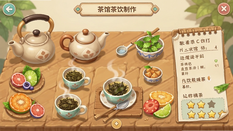 有间茶馆游戏内的茶饮制作界面,展示多种茶壶、茶杯和食材原料,桌面上摆放着正在冲泡的茶叶和新鲜水果,旁边有配方笔记和评分星级,整体画面色彩柔和,突出烹饪调制的趣味性