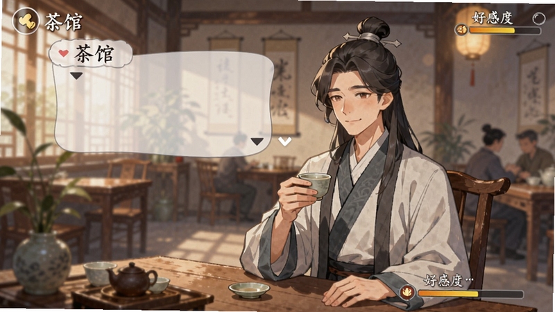 有间茶馆游戏中的顾客对话场景,一位古风装扮的顾客坐在茶桌前,手捧茶杯,表情温和,背景是雅致的茶馆内景,画面带有对话框和好感度进度条,整体氛围温馨治愈