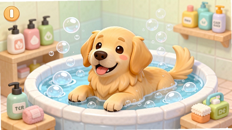 快乐宠物水疗中心宠物护理界面,一只可爱的金毛犬正在享受气泡按摩水疗,画面展示水疗池中的气泡效果和宠物舒适的表情,周围摆放着各种洗浴用品,卡通风格,色彩柔和