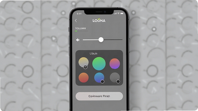 Loona 应用设置页面展示,手机屏幕显示音量调节滑块、灯光颜色选择器和固件升级按钮,背景为简约灰色调,界面元素清晰有序,体现个性化配置的便捷性