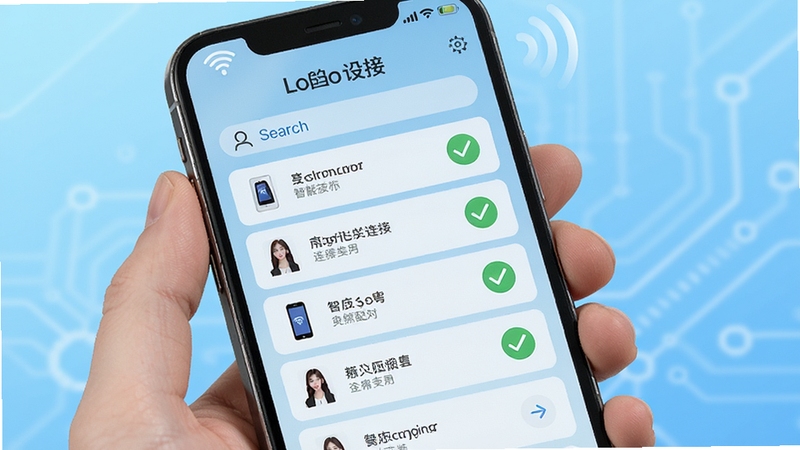 Loona 应用设备连接界面,手机屏幕显示搜索到的智能设备列表,旁边有连接成功的绿色对勾图标,背景为浅蓝色科技渐变,画面简洁明快,突出无线连接与智能配对的主题
