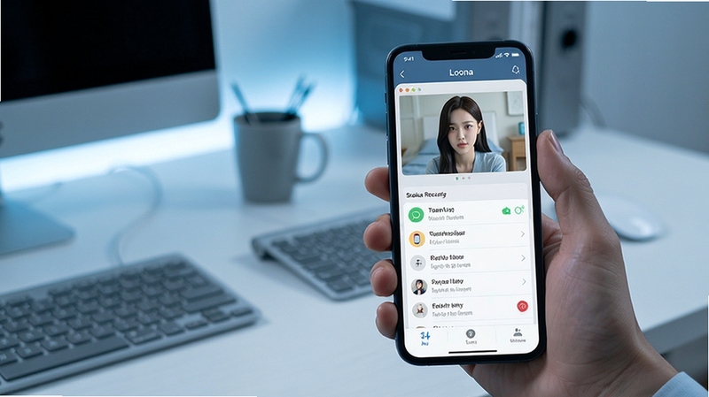 Loona 应用远程看护界面,手机屏幕显示实时画面窗口和状态记录列表,背景为现代办公桌面,画面色调冷静专业,突出远程监控与记录管理的实用性