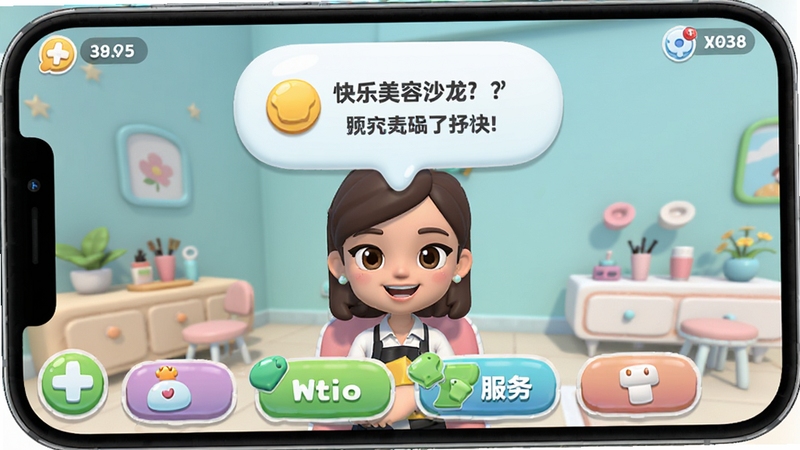 快乐美容沙龙游戏在手机上的操作界面截图,展示顾客头顶需求气泡和底部服务按钮,画面清晰明亮,适合作为移动端使用攻略配图,3D卡通风格,适配Boogu模型生成