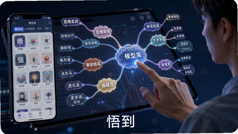 生成一张AI图片,画面主体是一个发光的立体思维导图悬浮在深蓝色背景中,节点上标注着不同思维模型名称,一位用户正用手指轻触屏幕与导图互动,手机界面显示悟到软件的模型库页面,科技感与人文感结合,软件名称悟到出现在画面底部
