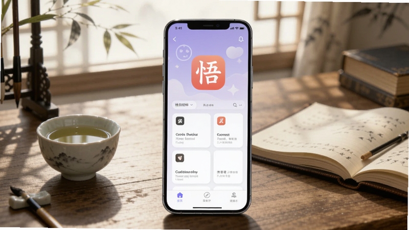 画面主体为一部智能手机屏幕显示悟到软件主界面,背景为淡雅水墨风格的书房场景,木质书桌上放着一杯清茶和一本翻开的笔记,柔和的自然光从窗外洒入,整体色调温暖静谧,细节包括软件logo和简洁的卡片式内容布局,适配Boogu模型生成