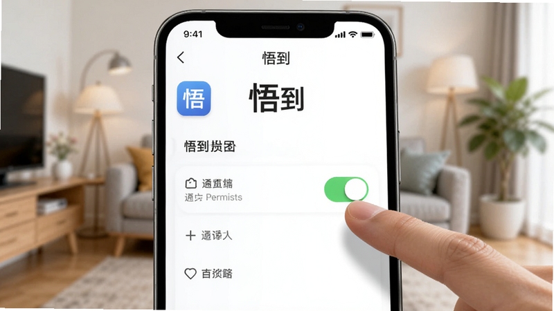 生成一张AI图片,画面是手机屏幕特写,显示悟到软件的设置页面,旁边有手指正在点击通知权限开关,背景是模糊的居家环境,整体风格简洁明快,突出操作指引感,软件名称悟到显示在屏幕顶部