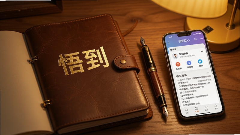 生成一张AI图片,画面中一本翻开的皮质笔记本旁边放着一支钢笔和手机,手机屏幕显示悟到软件的心得笔记界面,背景是木质桌面和暖黄色台灯,整体风格复古温馨,软件名称悟到以烫金字体印在笔记本封面