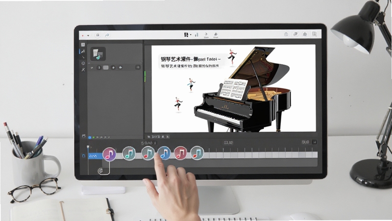 钢琴艺术课件-舞蹈 课件编辑界面,画面中一只手正在拖拽音符图标到时间轴上,屏幕显示课件预览窗口,背景是整洁的书桌,风格简约现代