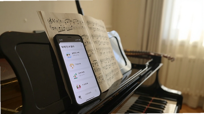 钢琴艺术课件-舞蹈 离线使用场景,画面中一部手机放在钢琴谱架上,屏幕显示已下载的课件列表,背景是琴房一角,光线柔和