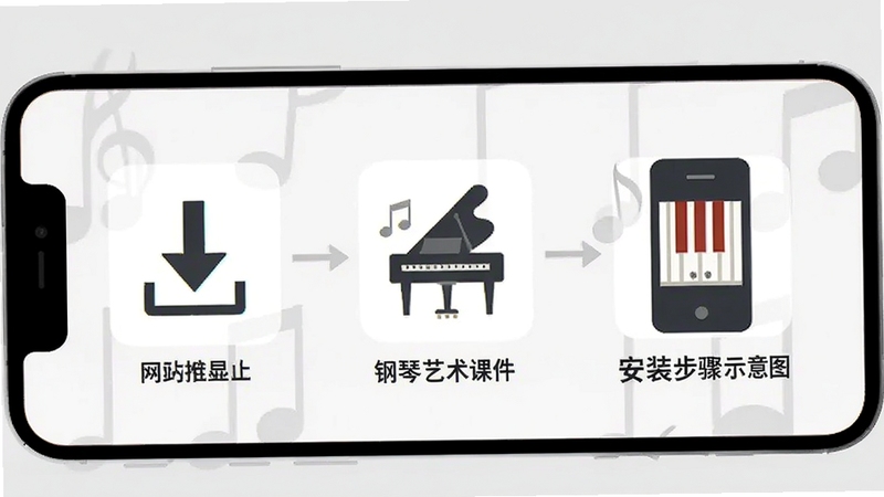 钢琴艺术课件-舞蹈 安装步骤示意图,画面展示手机屏幕上从下载到安装完成的三个步骤图标,背景为浅灰色,风格扁平化