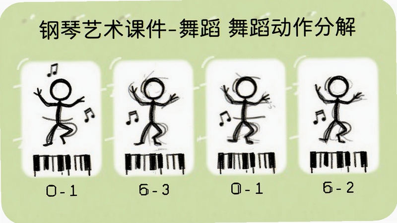 钢琴艺术课件-舞蹈 舞蹈动作分解页面,画面展示四个连续动作的简笔画小人,每个动作下方有节拍数字,背景为浅绿色,整体像教学卡片