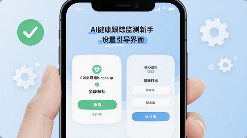 AI健康跟踪监测新手设置引导界面,画面展示手机屏幕中权限开启步骤与健康目标设定页面,背景为淡蓝色渐变,点缀对勾与齿轮图标,风格友好易懂,适配Boogu模型生成