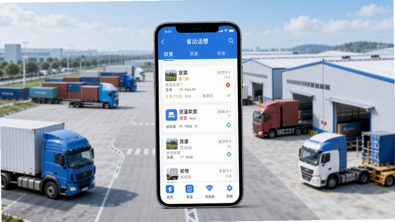 省运慧软件主界面全貌展示,画面中央为手机屏幕显示省运慧APP首页,包含货源列表与功能图标,背景区域为现代物流园区,有货车和仓库元素,整体色调以蓝色和白色为主,简洁商务风格,适配Boogu模型生成