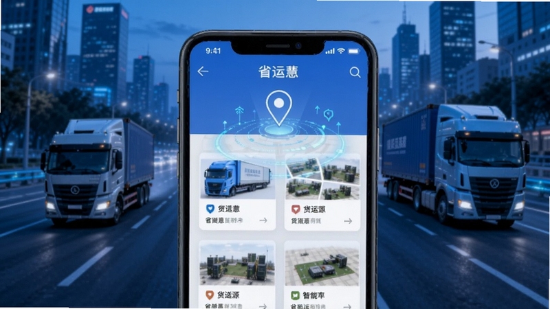 省运慧智能货源匹配功能界面,画面展示手机屏幕中省运慧APP的货源列表页面,有地图定位图标和货源卡片,背景为城市道路和货车,科技感蓝色调,突出智能匹配概念,适配Boogu模型生成